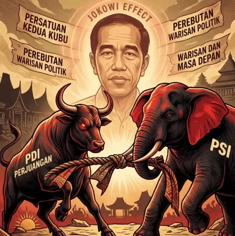 Ilustrasi pertarungan partai gajah PSI vs partai banteng PDIP berebut warisan politik Jokowi