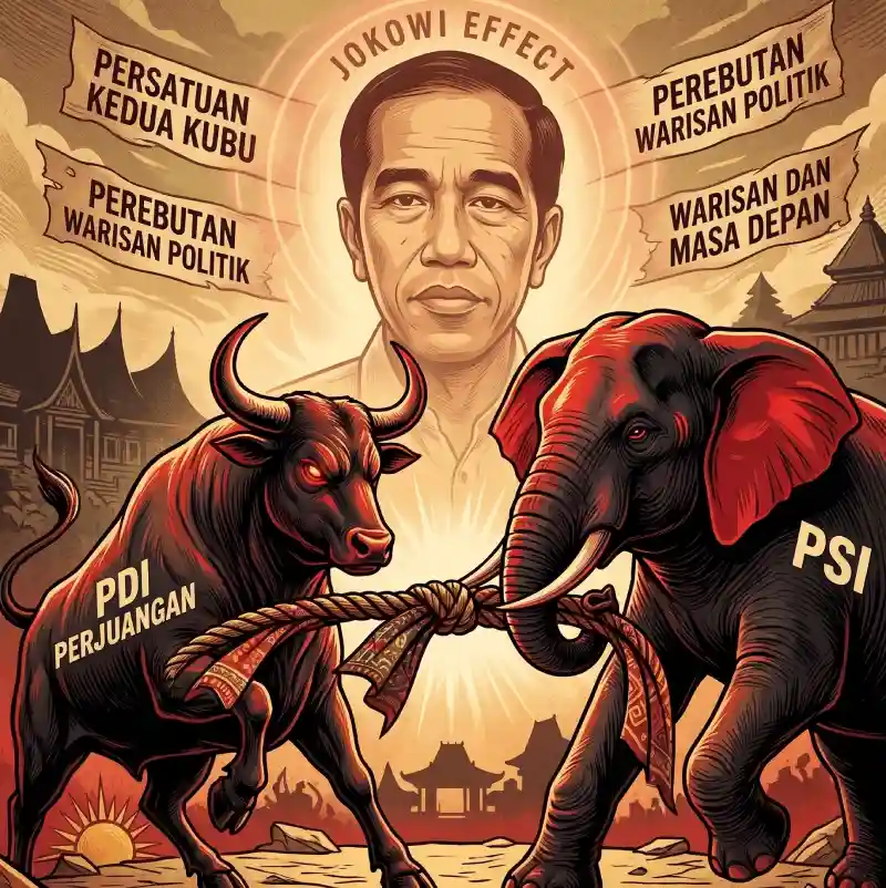 Ilustrasi pertarungan partai gajah PSI vs partai banteng PDIP berebut warisan politik Jokowi